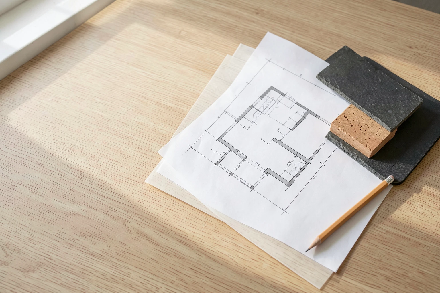 Architectural drawings and material samples on a sunlit planning desk